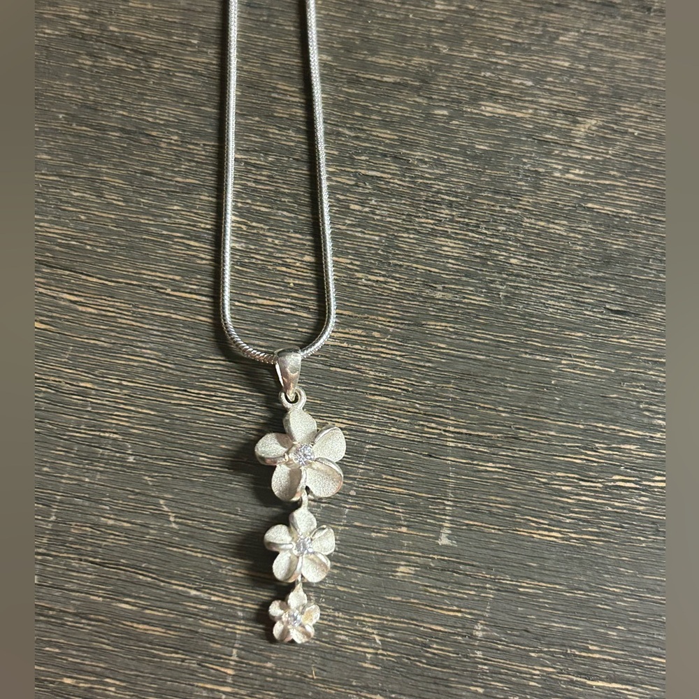 Sterling Silver Hibiscus Pendant & Chain CZ accents Pendant Necklace